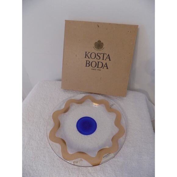 Kosta Boda Glass Cosmos Blue Dot Dessert Plate Gold Rim Signed 8" NEW IN BOX - Picture 1 of 7